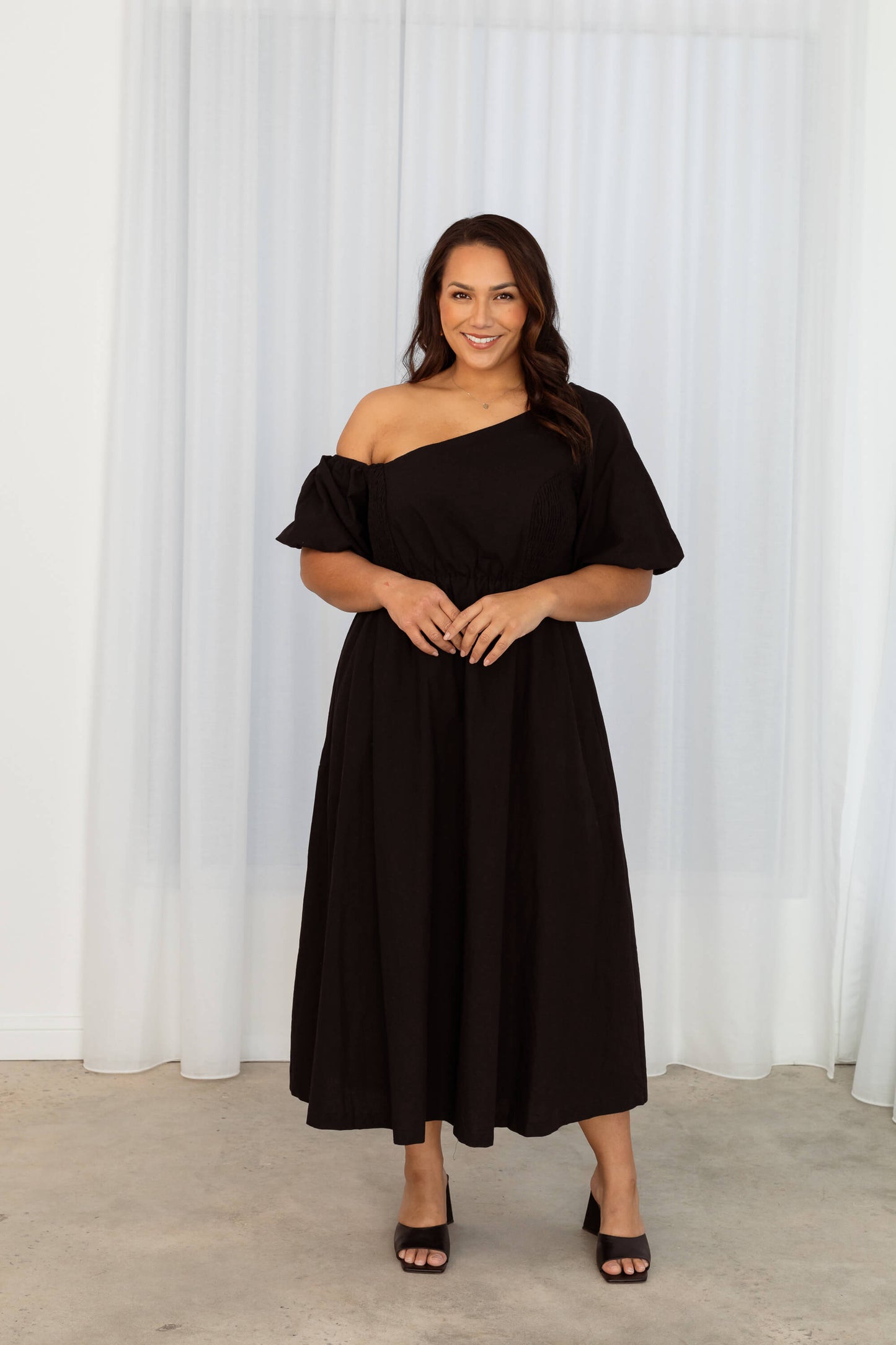 Verity Asymmetric Midi Dress in Black