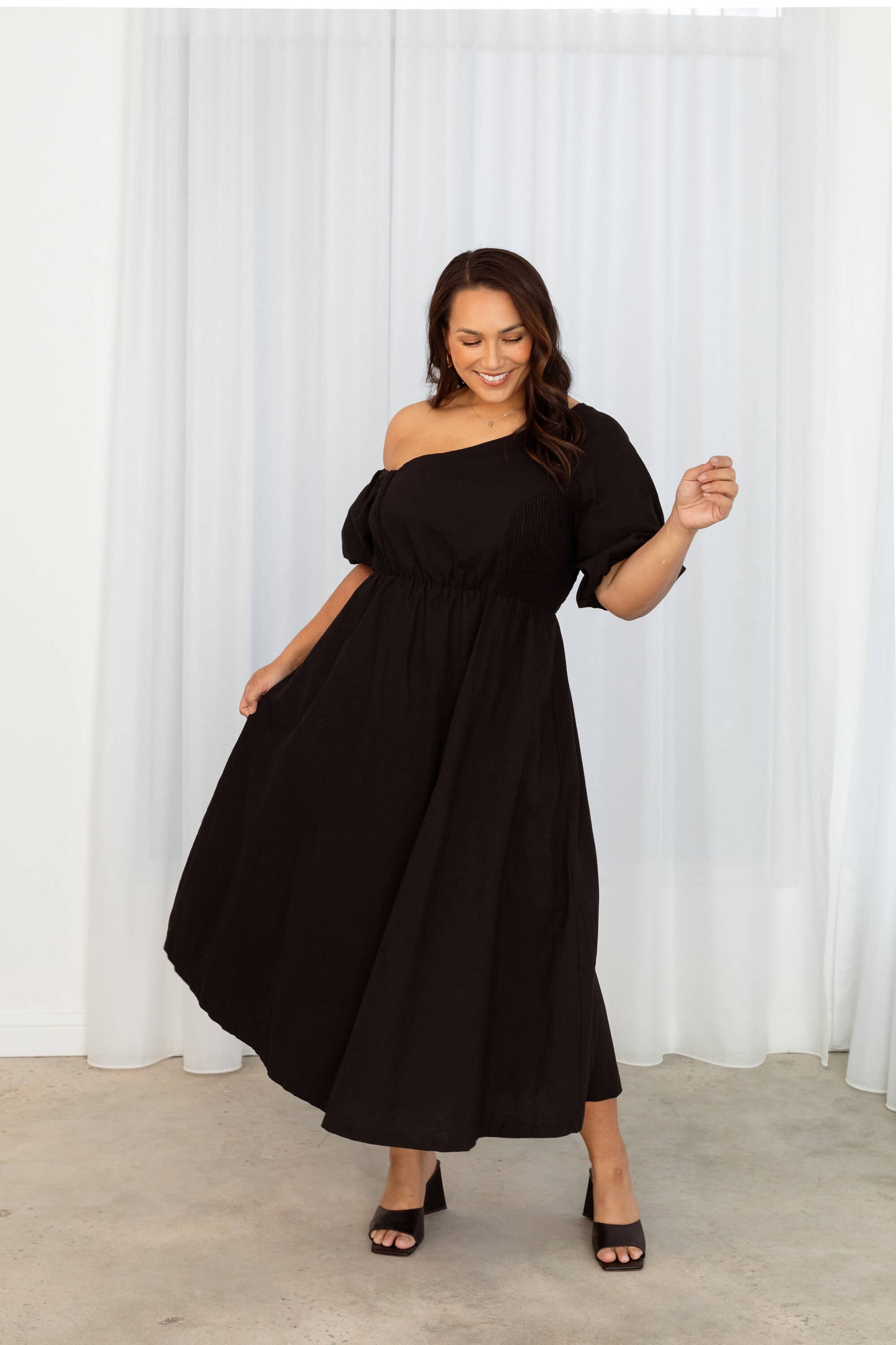 Verity Asymmetric Midi Dress in Black