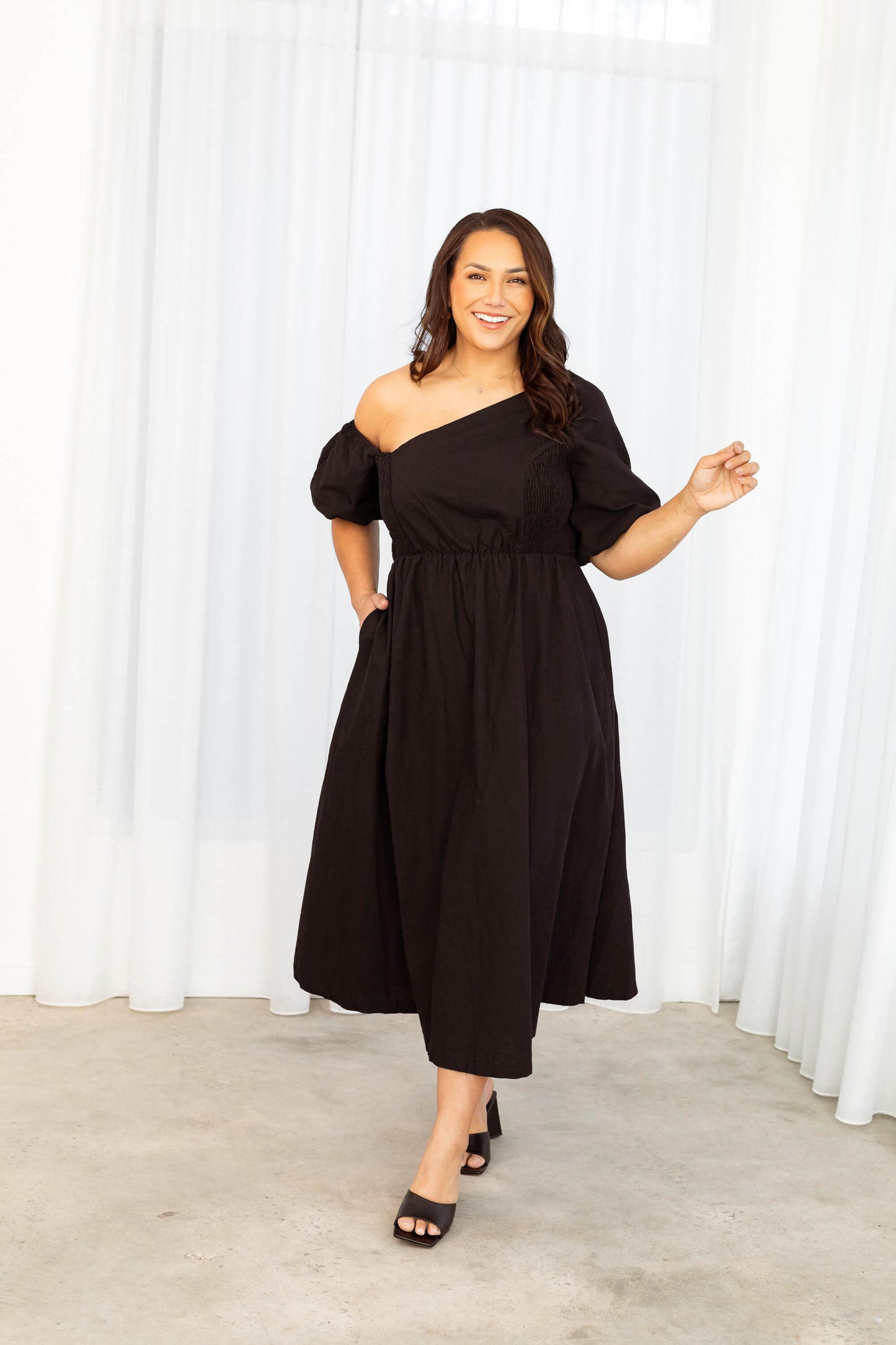 Verity Asymmetric Midi Dress in Black