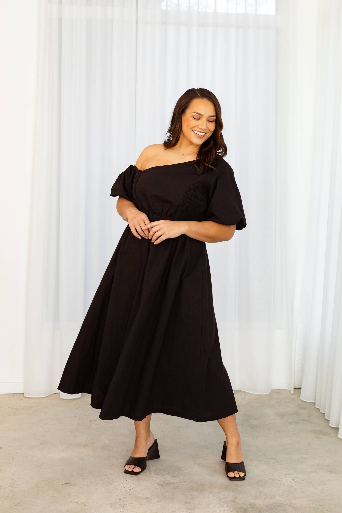 Verity Asymmetric Midi Dress in Black