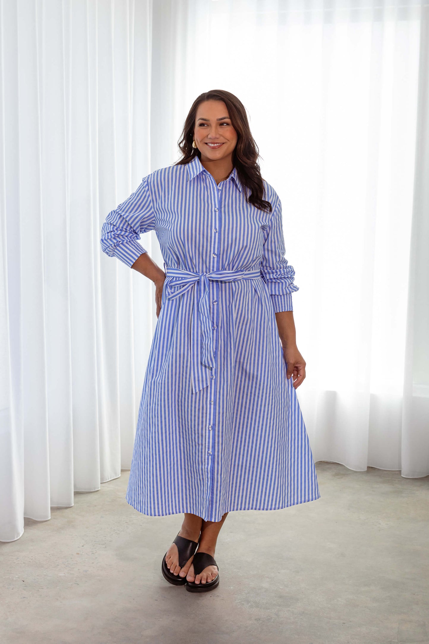 Andrea Cotton Shirt Dress in Blue & White Pinstripe