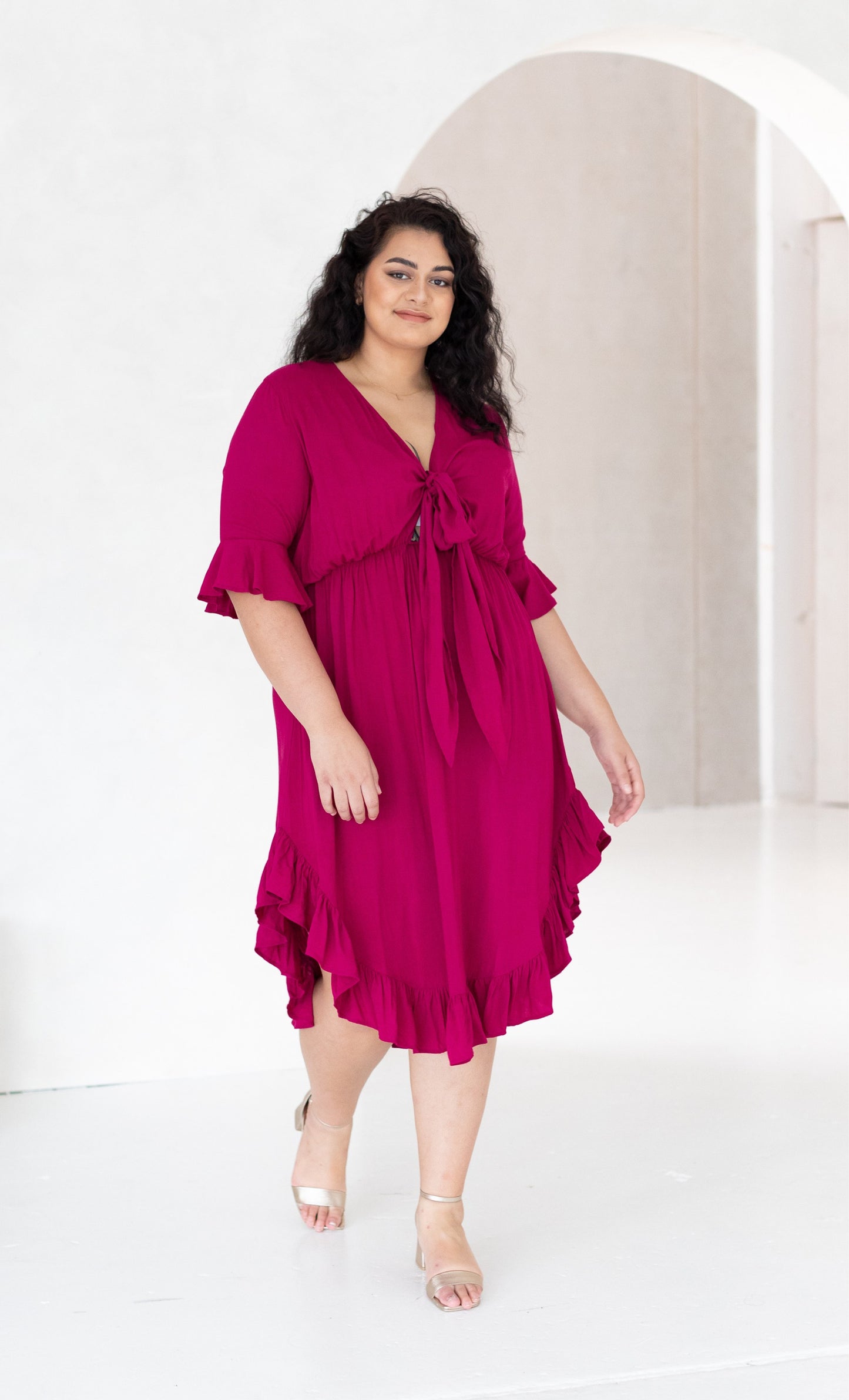 Arielle Tie Front Midi Dress in French Plum