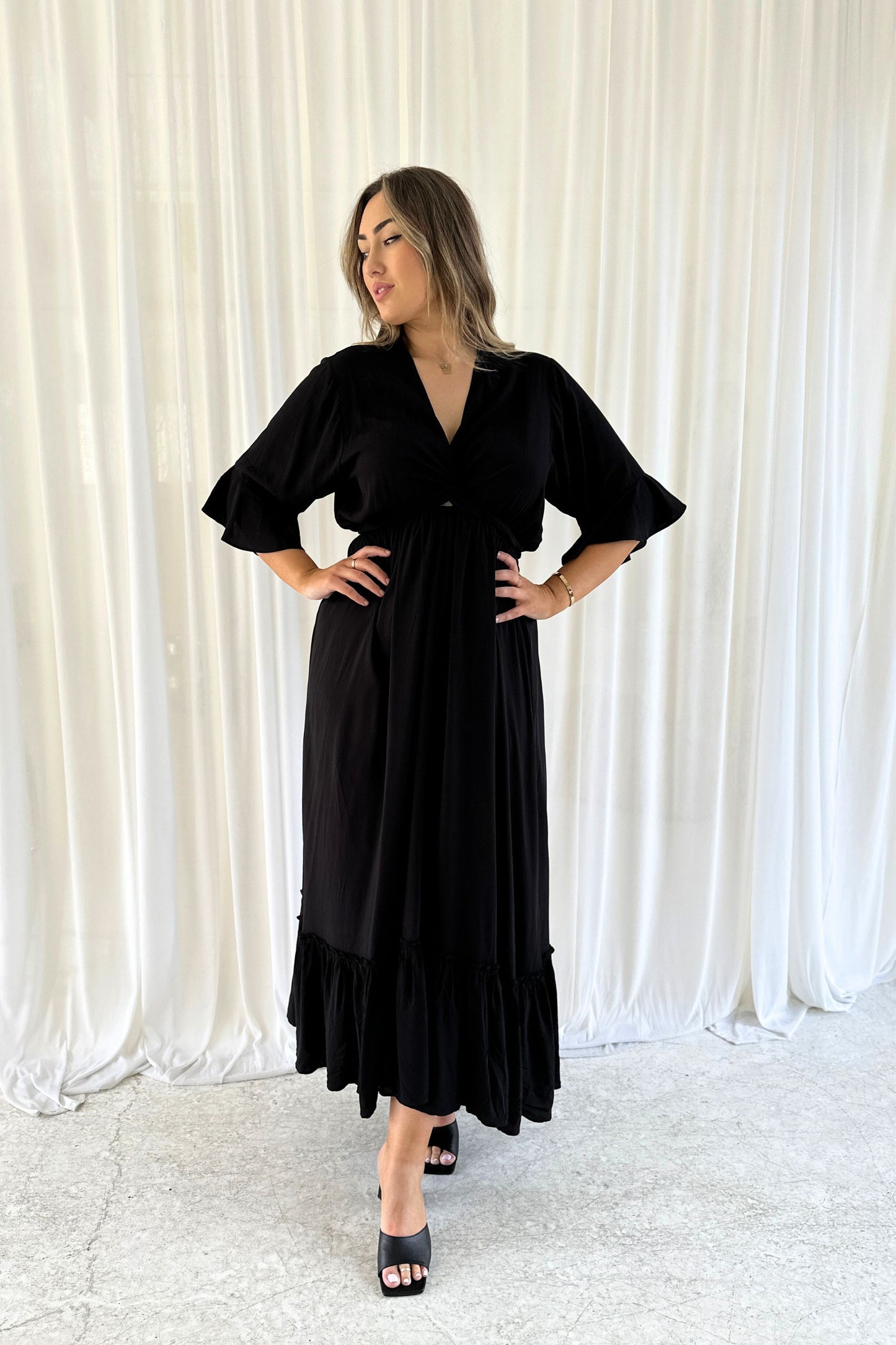 Nicole Tie Front Maxi Dress in Black