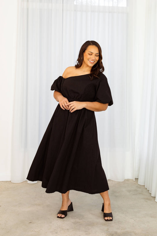 Verity Asymmetric Midi Dress in Black