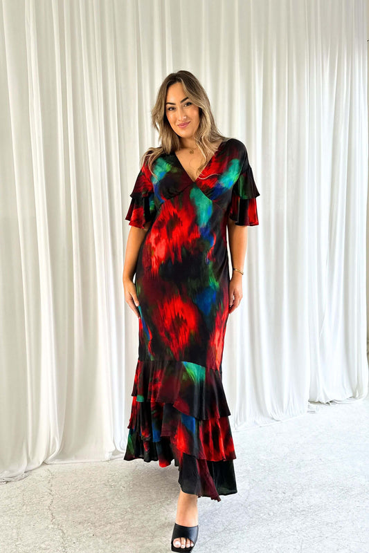 Marcy Ruffle Maxi Dress in Abstract Native