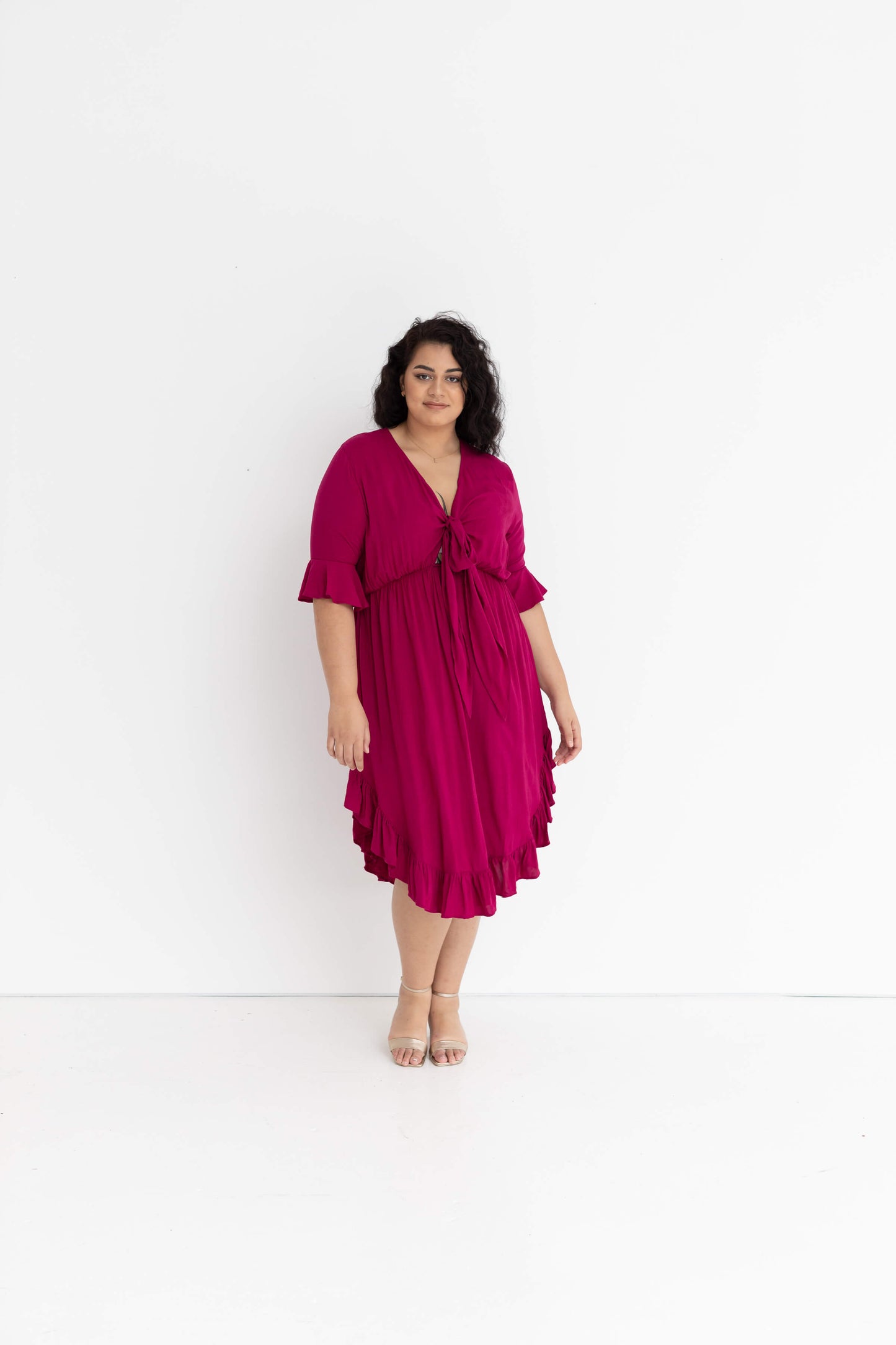 Arielle Tie Front Midi Dress in French Plum