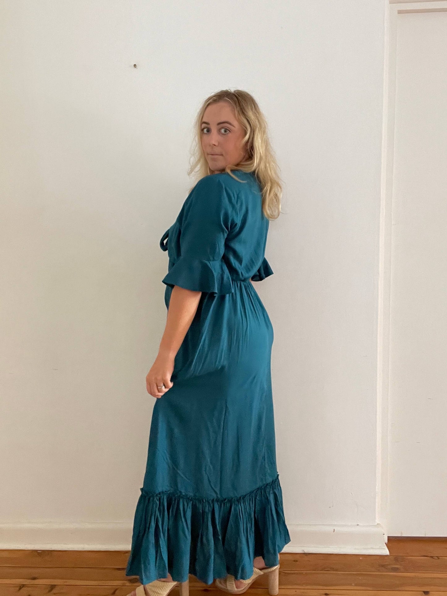 Nicole Tie Front Maxi Dress in Teal